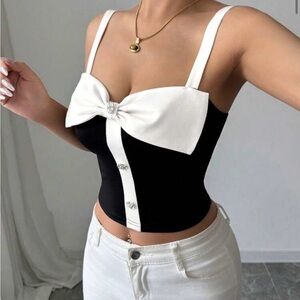 White & Black Bow-Accent Crop Top